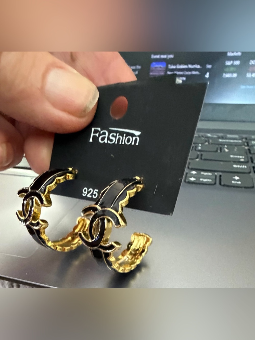 Fashion Jewelry Black and Gold Interlock Hoop Post Earrings, fashion jewelry - Picture 6 of 7